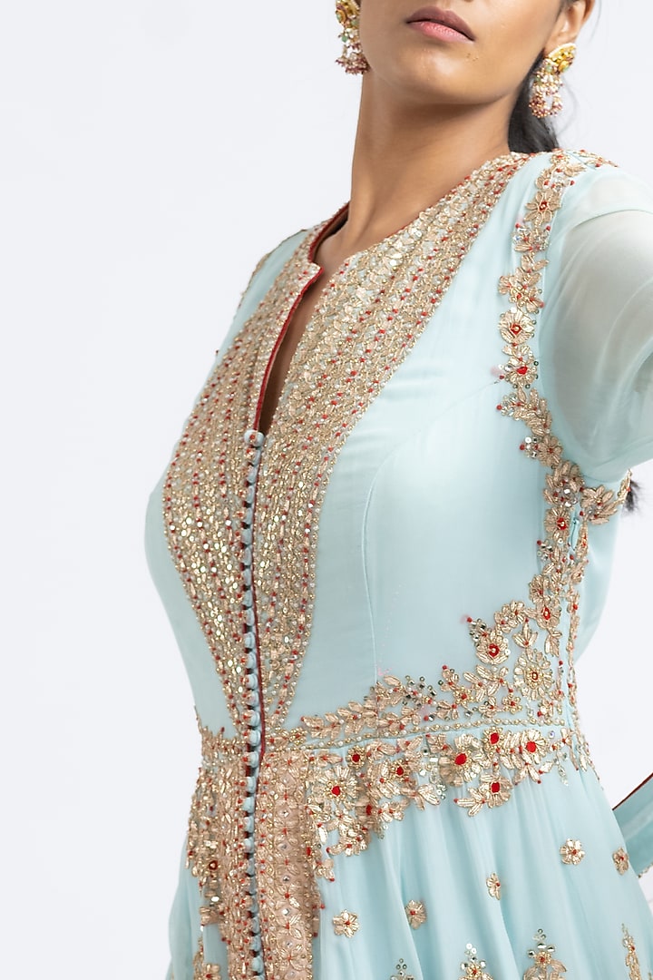 Aqua Georgette Embroidered Kalidar Jacket Set by NITIKA GUJRAL at Pernia's Pop Up Shop