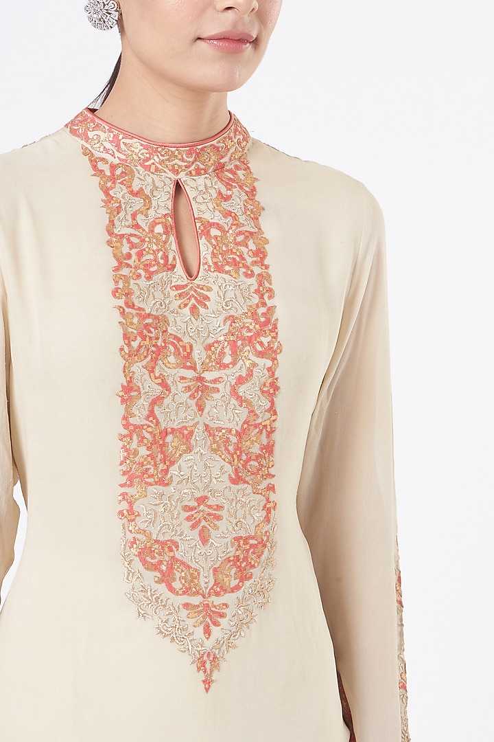 Cream Georgette Applique Embroidered Kurta Set by NITIKA GUJRAL at Pernia's Pop Up Shop
