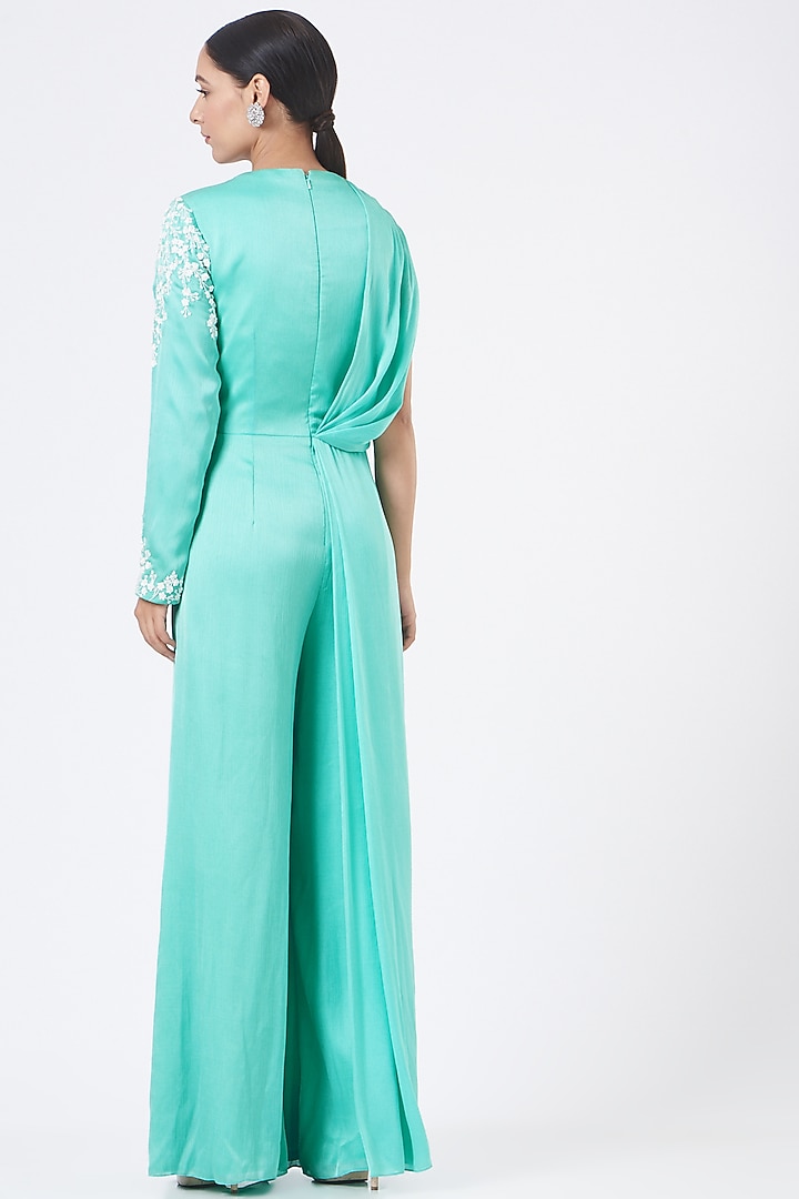 Turquoise Satin One Shoulder Draped Jumpsuit by NITIKA GUJRAL at Pernia's Pop Up Shop