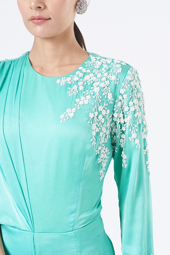 Turquoise Satin One Shoulder Draped Jumpsuit by NITIKA GUJRAL at Pernia's Pop Up Shop