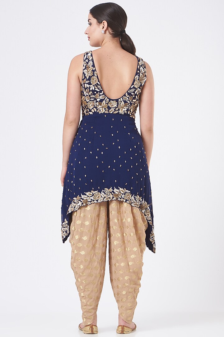 Midnight Blue Asymmetrical Georgette Embroidered Kurta Set by NITIKA GUJRAL at Pernia's Pop Up Shop