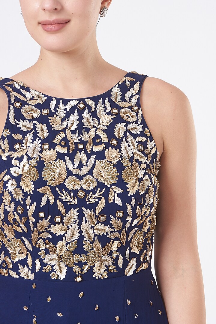 Midnight Blue Asymmetrical Georgette Embroidered Kurta Set by NITIKA GUJRAL at Pernia's Pop Up Shop