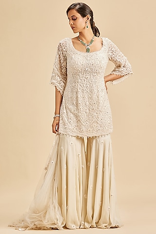 Ivory Shimmer Georgette Embroidered Sharara Set by NITIKA GUJRAL