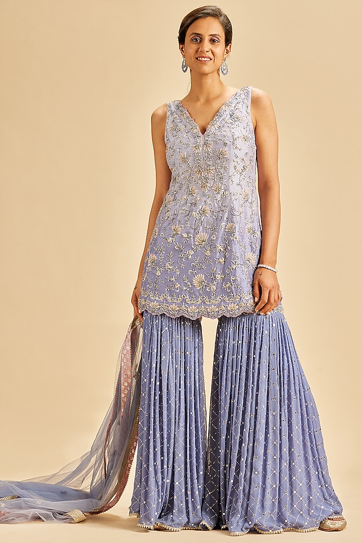 Ink Blue Mukaish Georgette Wedding Sharara Set by NITIKA GUJRAL at Pernia's Pop Up Shop