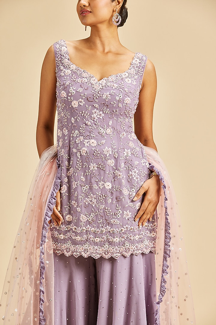 Lilac Shimmer Georgette Wedding Sharara Set by NITIKA GUJRAL at Pernia's Pop Up Shop