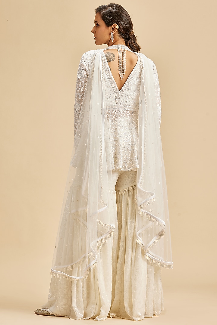Ivory Georgette Embroidered Gharara Set by NITIKA GUJRAL at Pernia's Pop Up Shop