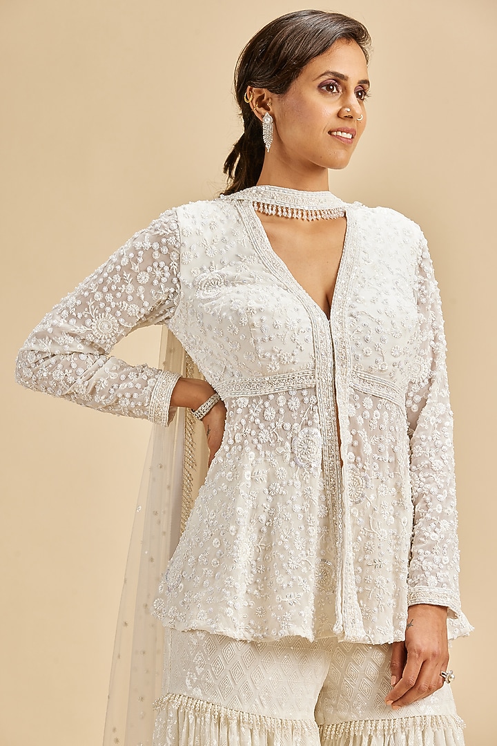 Ivory Georgette Embroidered Gharara Set by NITIKA GUJRAL at Pernia's Pop Up Shop
