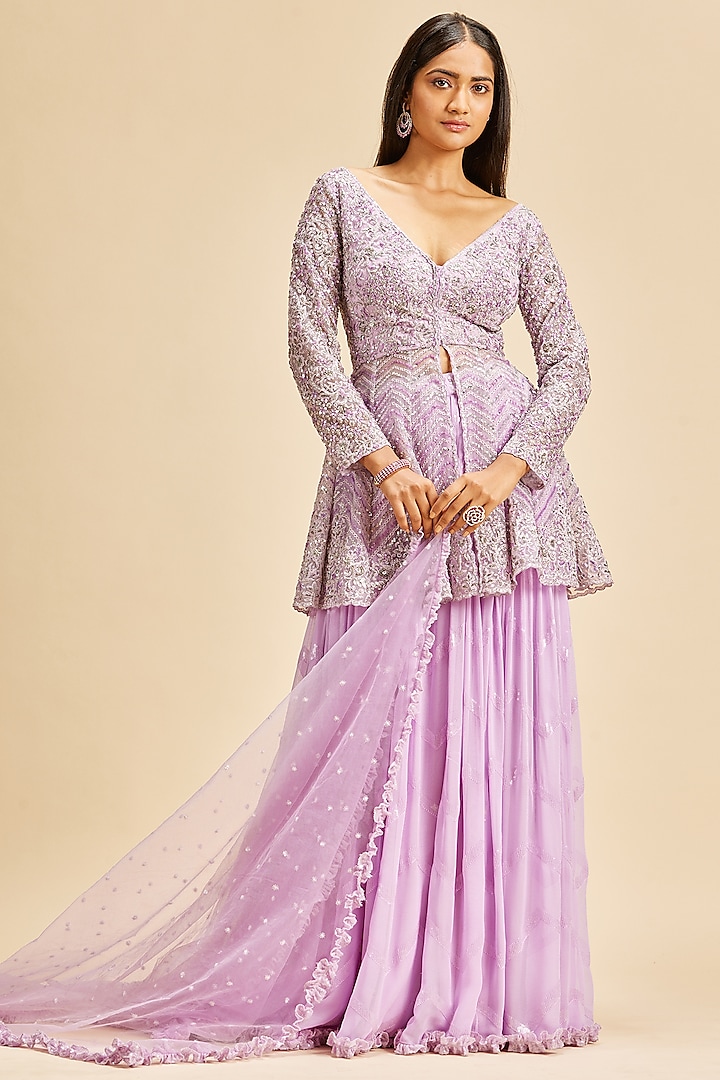 Lilac Georgette Embroidered Bridal Sharara Set by NITIKA GUJRAL at Pernia's Pop Up Shop