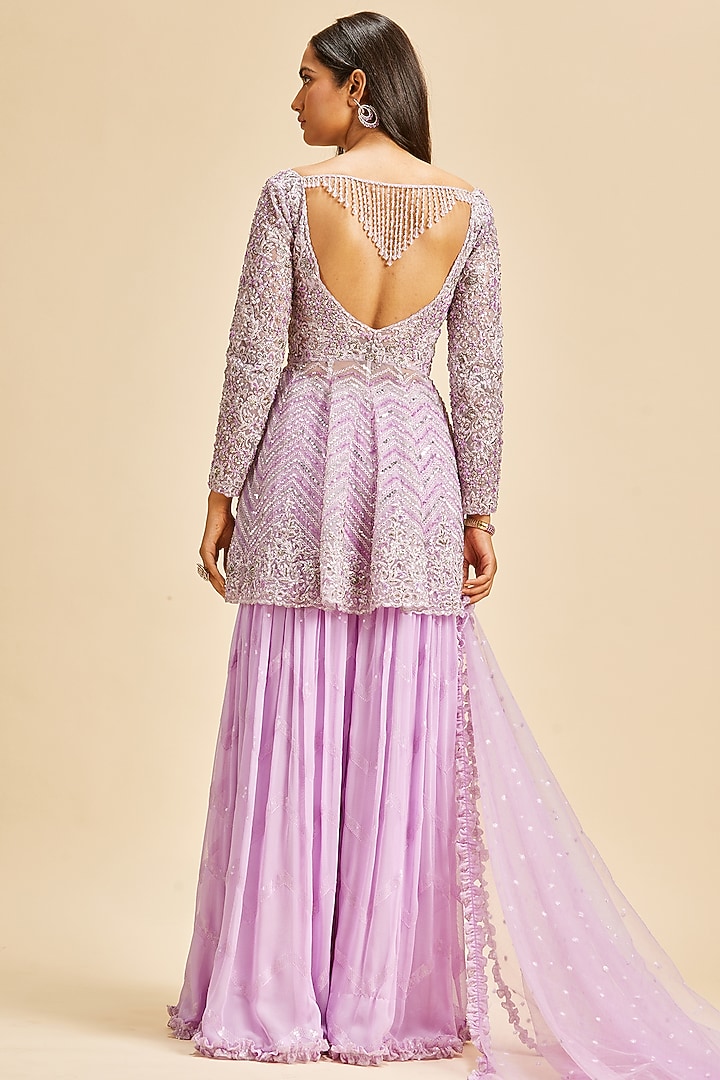 Lilac Georgette Embroidered Bridal Sharara Set by NITIKA GUJRAL at Pernia's Pop Up Shop