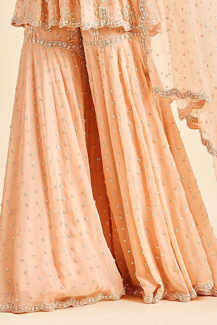 Peach Georgette Gharara Set by NITIKA GUJRAL at Pernia's Pop Up Shop