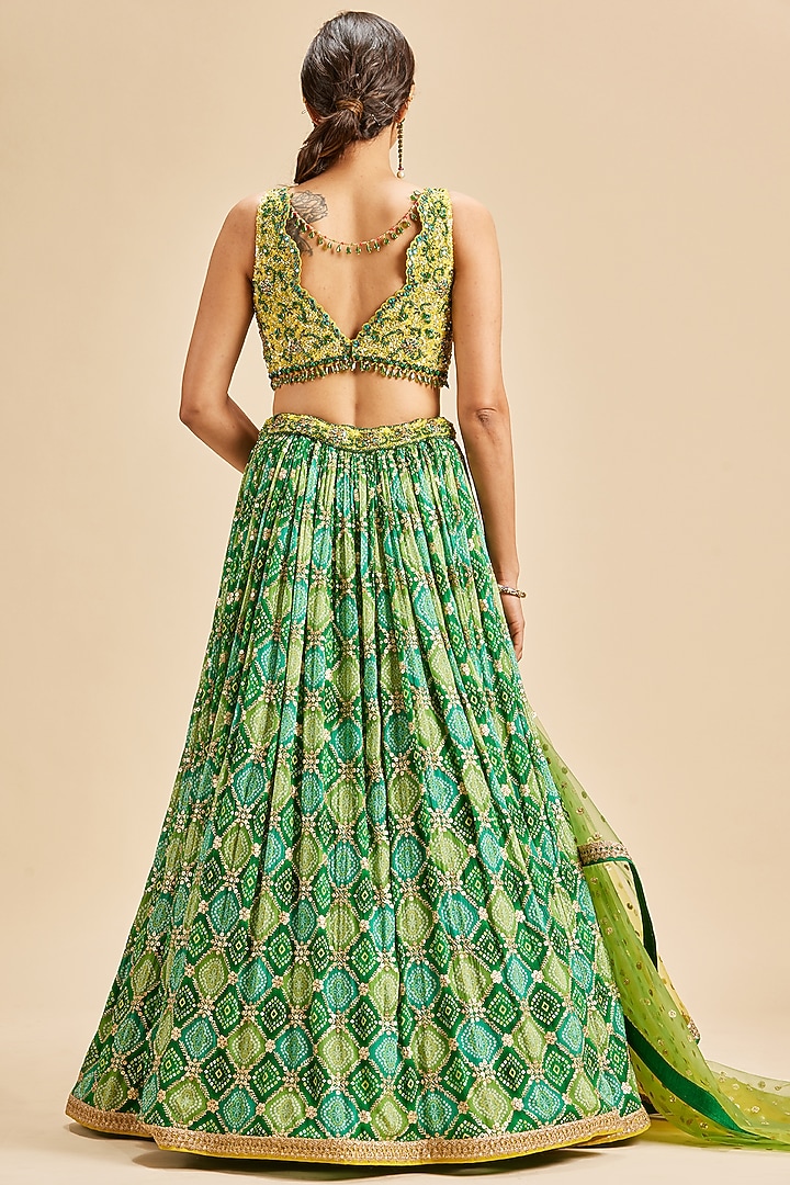 Green Chinon Bandhani Wedding Lehenga Set by NITIKA GUJRAL at Pernia's Pop Up Shop