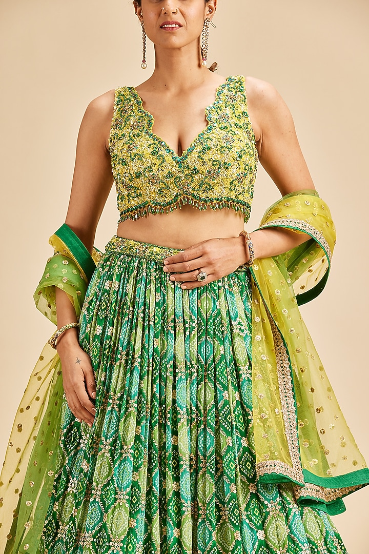 Green Chinon Bandhani Wedding Lehenga Set by NITIKA GUJRAL at Pernia's Pop Up Shop