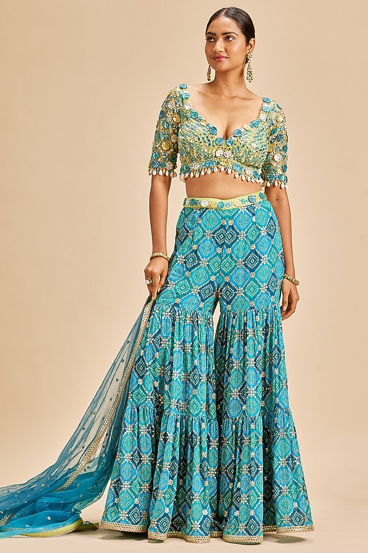 Blue Chinon Bandhani Tiered Wedding Sharara Set by NITIKA GUJRAL at Pernia's Pop Up Shop