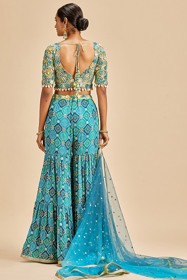 Blue Chinon Bandhani Tiered Wedding Sharara Set by NITIKA GUJRAL at Pernia's Pop Up Shop