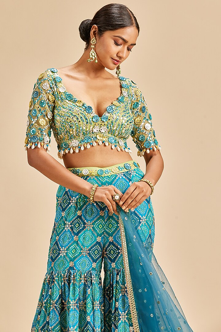 Blue Chinon Bandhani Tiered Wedding Sharara Set by NITIKA GUJRAL at Pernia's Pop Up Shop