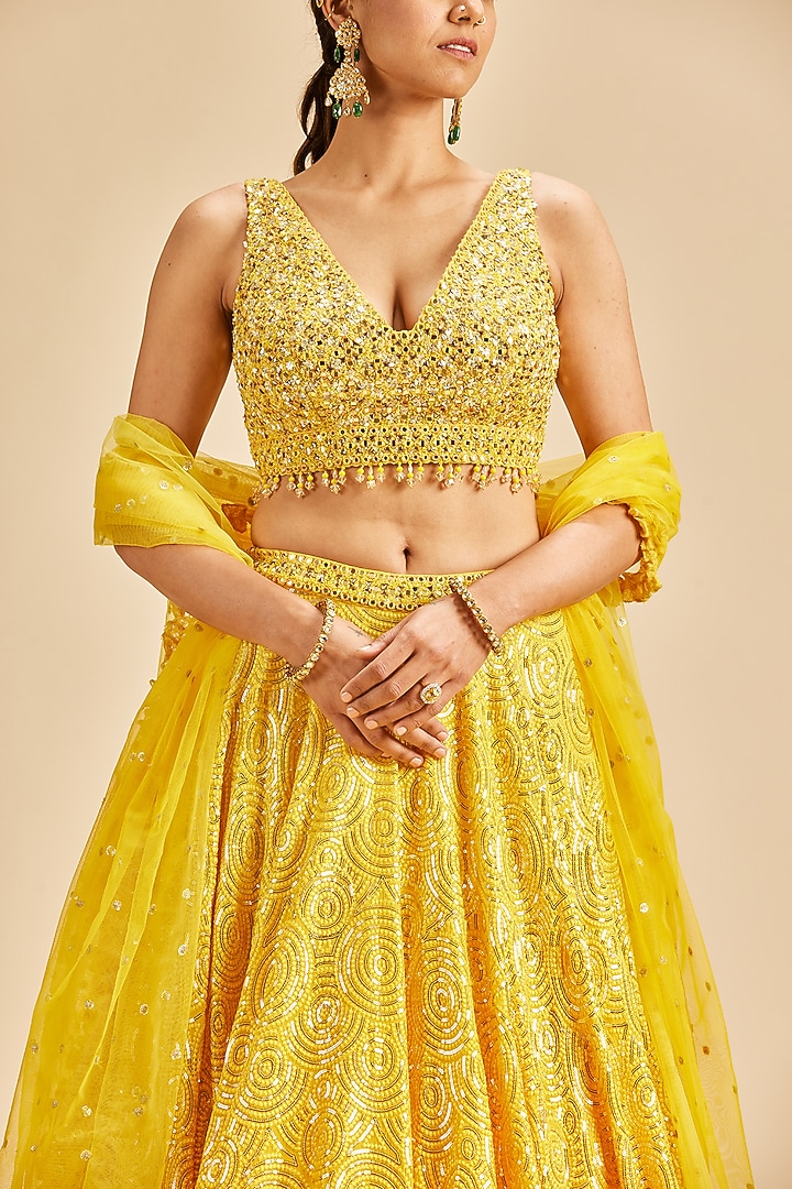 Yellow Ombre Georgette Wedding Lehenga Set by NITIKA GUJRAL at Pernia's Pop Up Shop