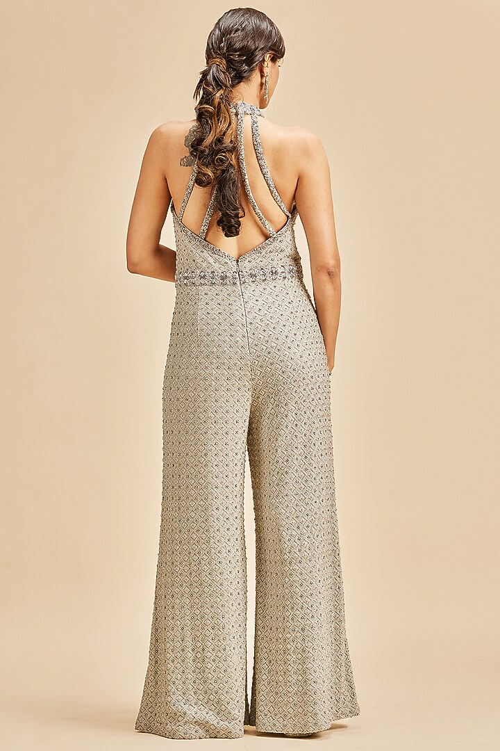Grey Georgette Embroidered Jumpsuit by NITIKA GUJRAL at Pernia's Pop Up Shop