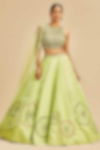 Lime Green Raw Silk Resham Embroidered Wedding Lehenga Set by NITIKA GUJRAL at Pernia's Pop Up Shop