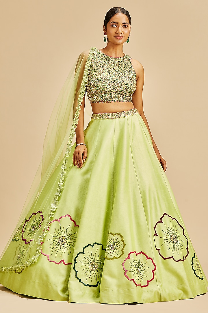 Lime Green Raw Silk Resham Embroidered Wedding Lehenga Set by NITIKA GUJRAL at Pernia's Pop Up Shop