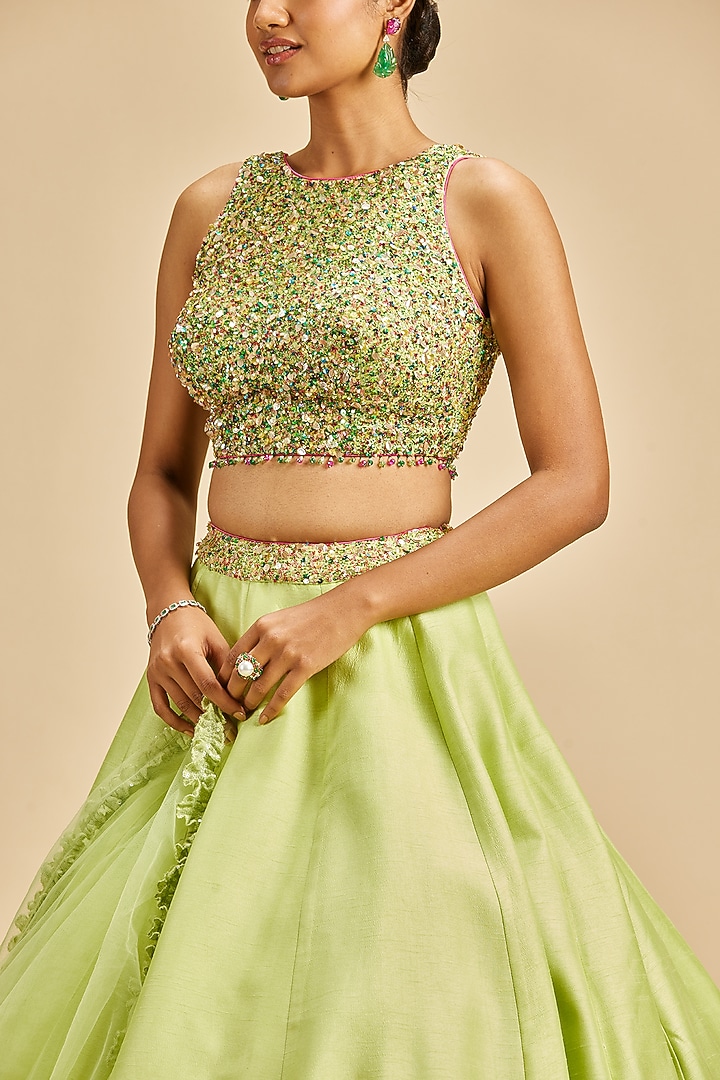 Lime Green Raw Silk Resham Embroidered Wedding Lehenga Set by NITIKA GUJRAL at Pernia's Pop Up Shop