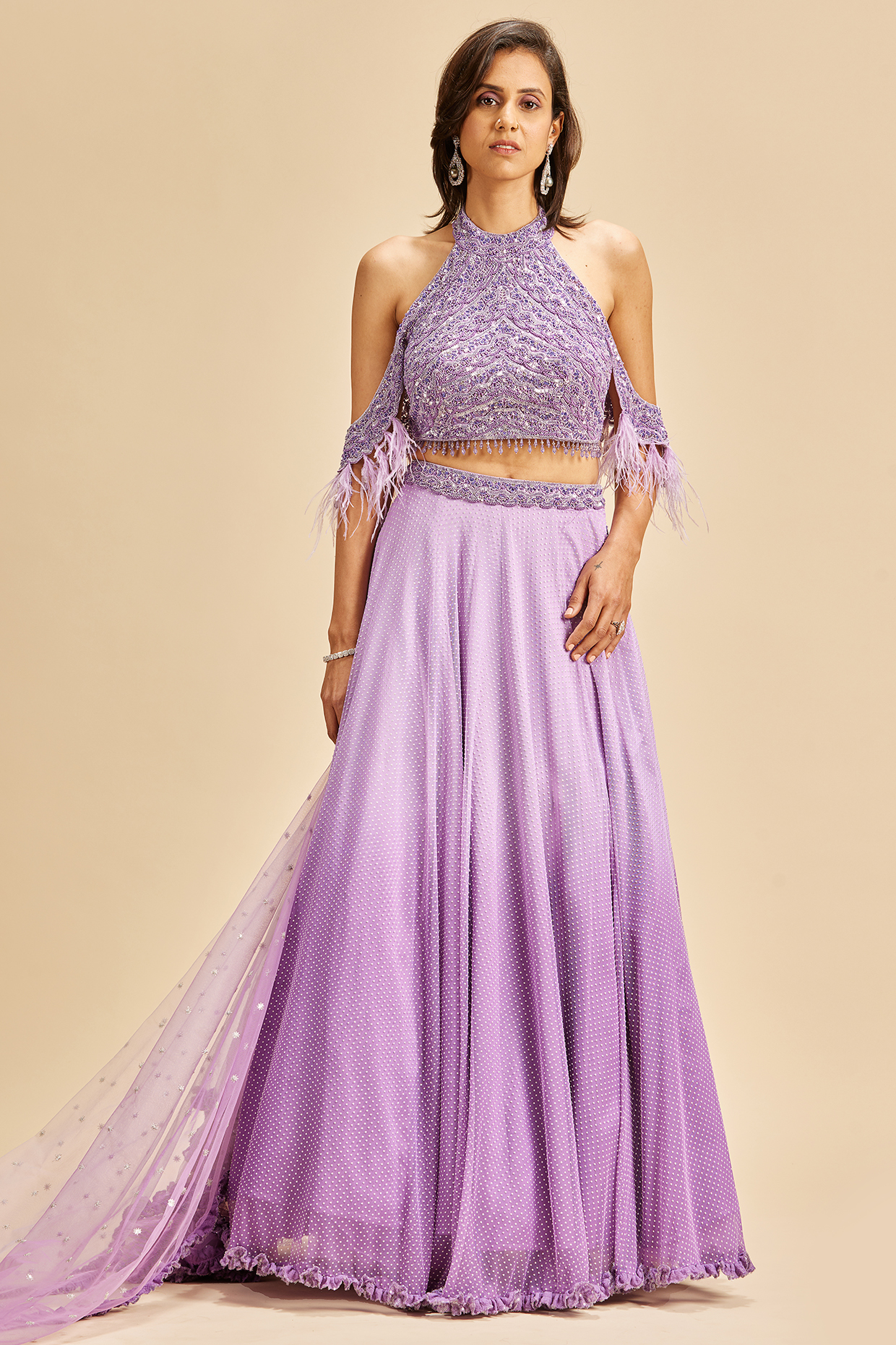Lilac Georgette Mukaish Ombre Printed Wedding Lehenga Set by NITIKA GUJRAL at Pernia's Pop Up Shop