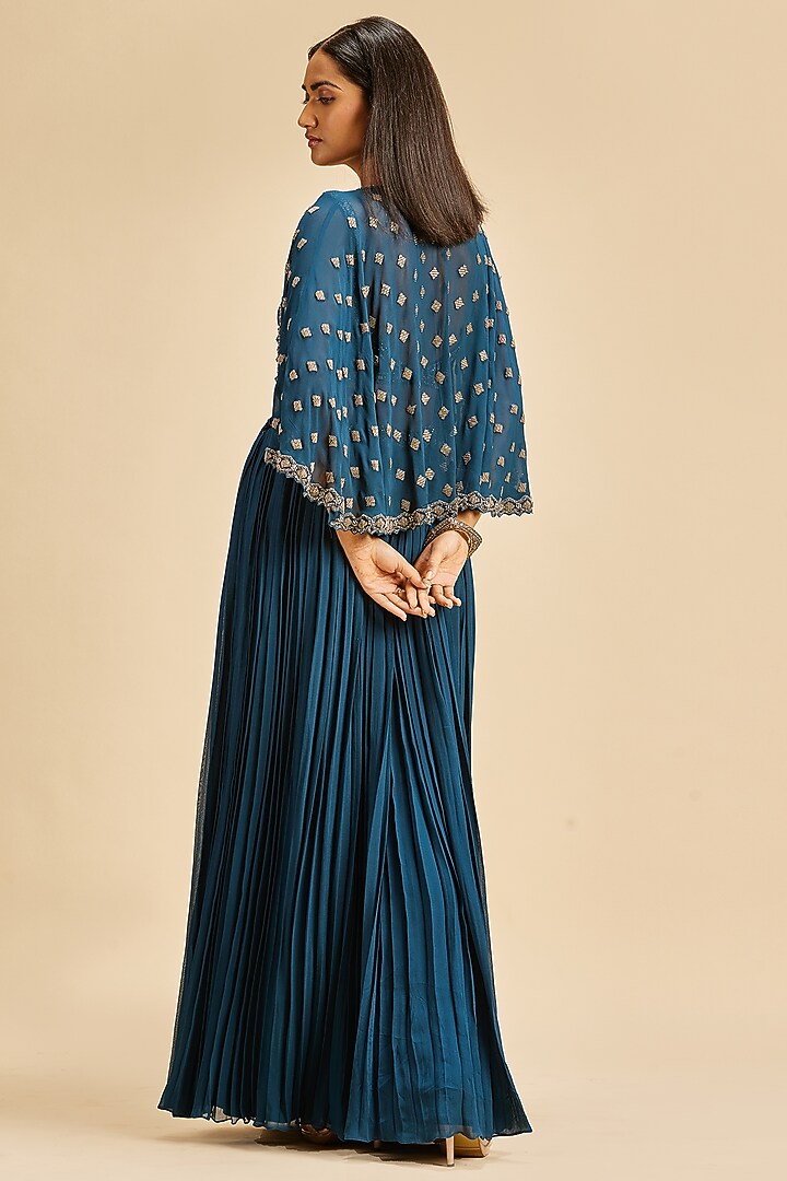 Midnight Blue Georgette Embroidered Jacket Wedding Lehenga Set by NITIKA GUJRAL at Pernia's Pop Up Shop