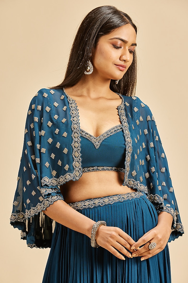 Midnight Blue Georgette Embroidered Jacket Wedding Lehenga Set by NITIKA GUJRAL at Pernia's Pop Up Shop