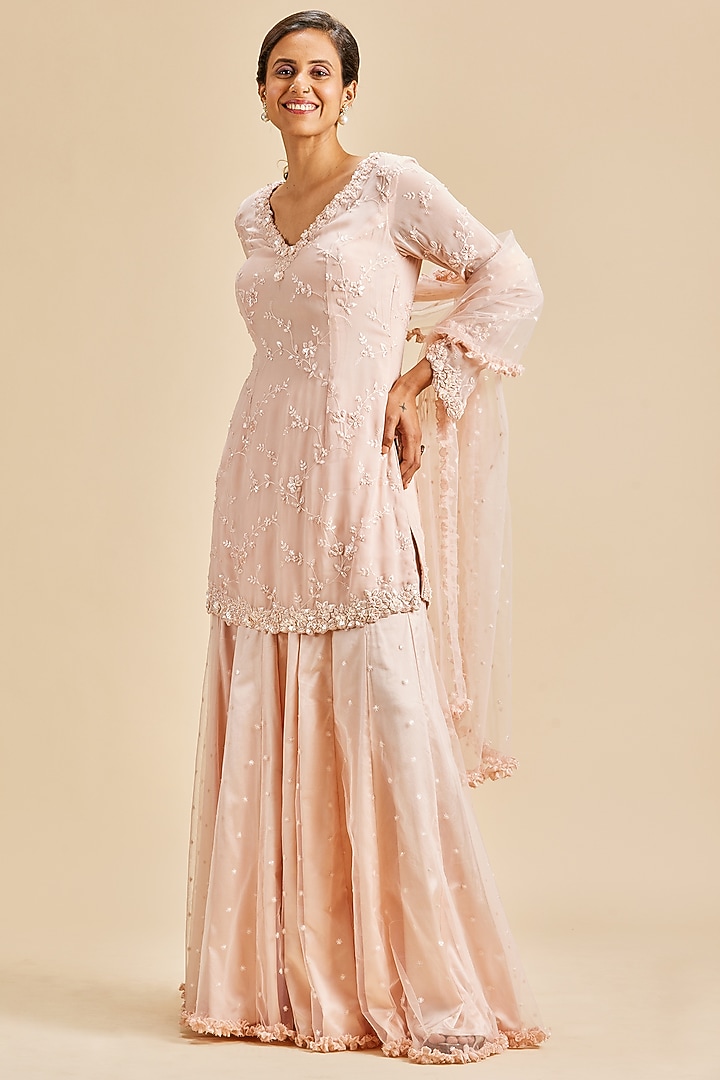 Baby Pink Net Wedding Sharara Set by NITIKA GUJRAL at Pernia's Pop Up Shop