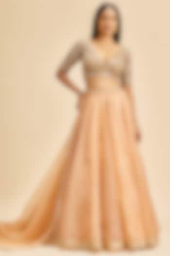 Peach Mukaish Organza Printed Wedding Lehenga Set by NITIKA GUJRAL at Pernia's Pop Up Shop
