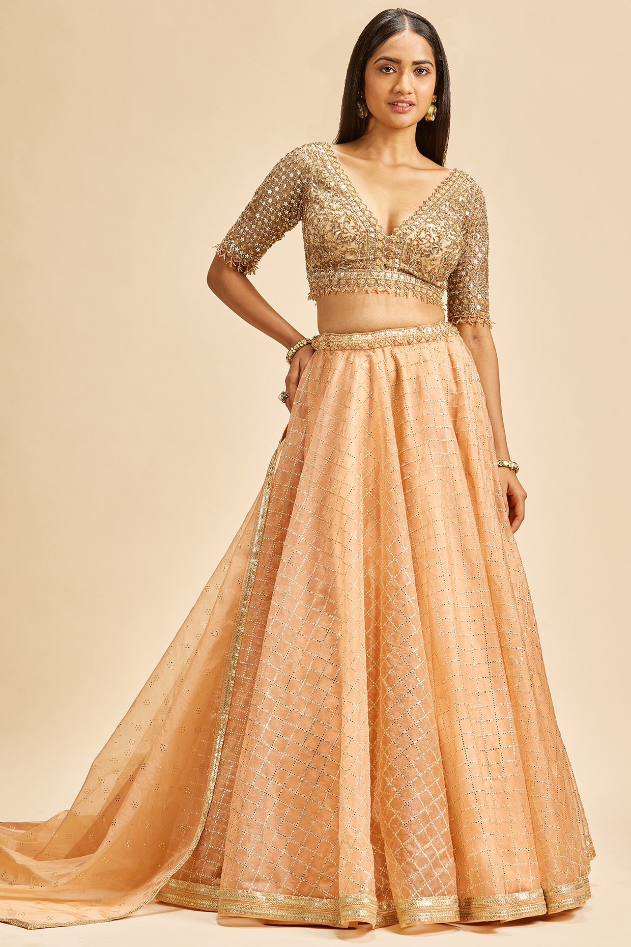 Peach Mukaish Organza Printed Wedding Lehenga Set by NITIKA GUJRAL at Pernia's Pop Up Shop
