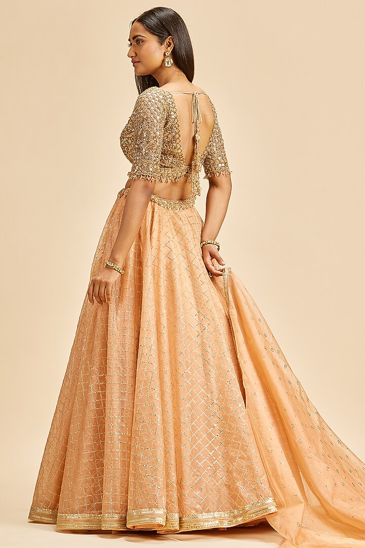 Peach Mukaish Organza Printed Wedding Lehenga Set by NITIKA GUJRAL at Pernia's Pop Up Shop