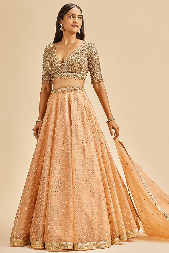 Peach Mukaish Organza Printed Wedding Lehenga Set by NITIKA GUJRAL at Pernia's Pop Up Shop