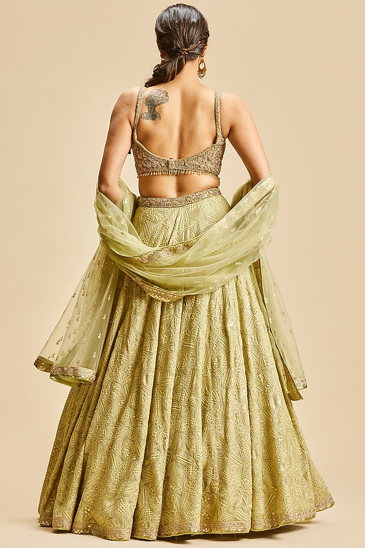 Olive Green Georgette Zari Embroidered Wedding Lehenga Set by NITIKA GUJRAL at Pernia's Pop Up Shop
