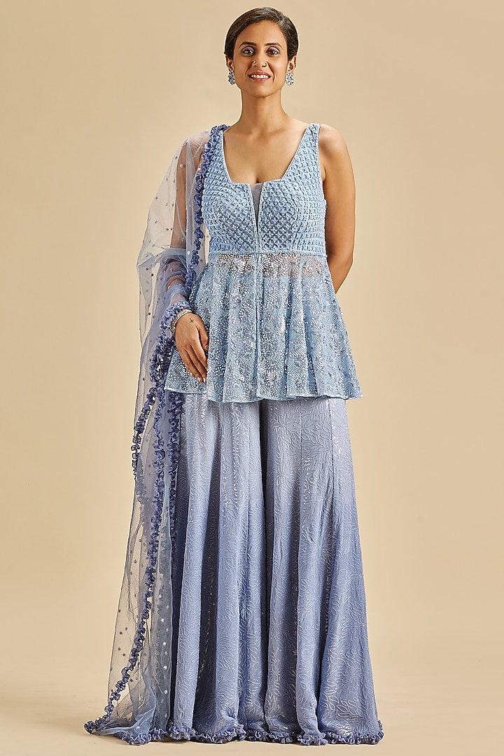 Ink Blue Ombre Georgette Sequins Embroidered Wedding Sharara Set by NITIKA GUJRAL at Pernia's Pop Up Shop