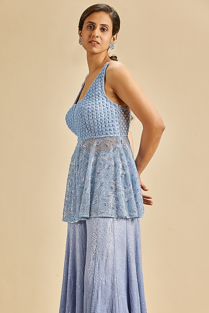 Ink Blue Ombre Georgette Sequins Embroidered Wedding Sharara Set by NITIKA GUJRAL at Pernia's Pop Up Shop