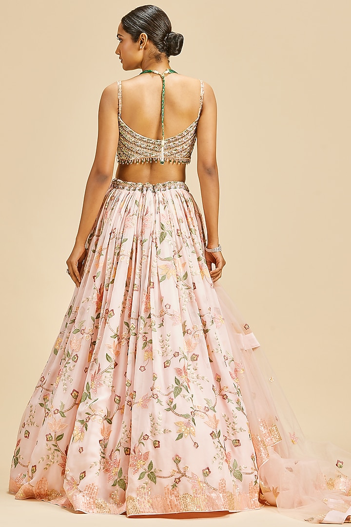 Powder Pink Georgette Jaal Embroidered Wedding Lehenga Set by NITIKA GUJRAL at Pernia's Pop Up Shop