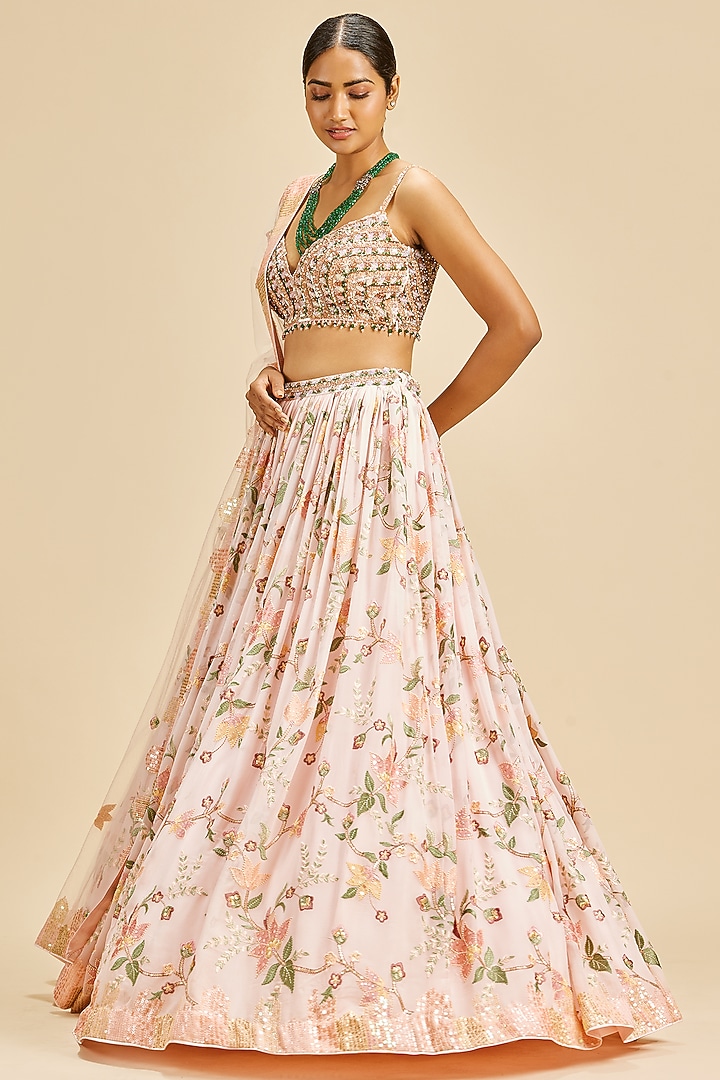 Powder Pink Georgette Jaal Embroidered Wedding Lehenga Set by NITIKA GUJRAL at Pernia's Pop Up Shop