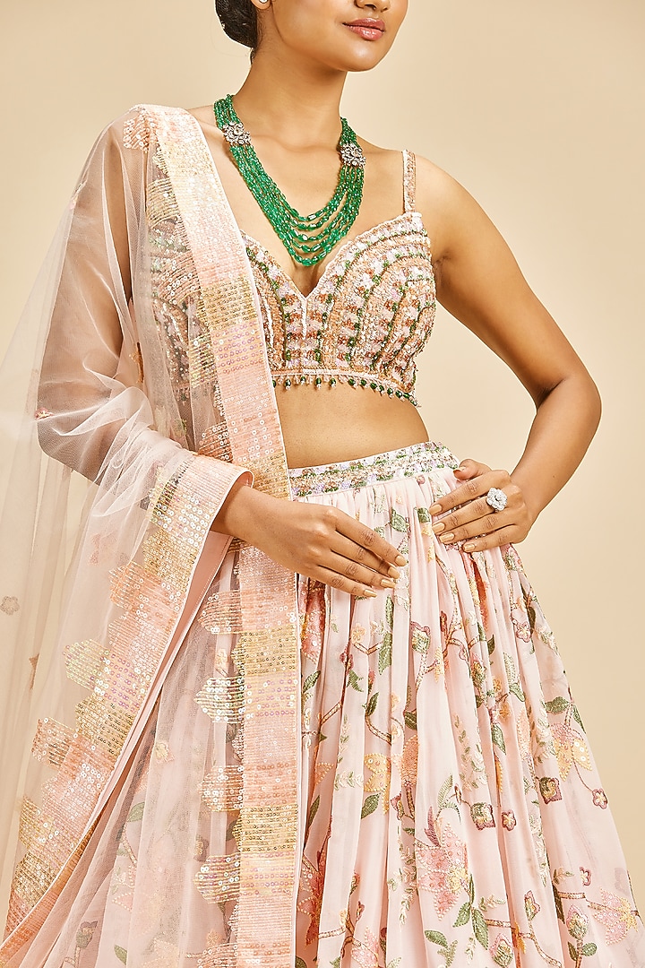 Powder Pink Georgette Jaal Embroidered Wedding Lehenga Set by NITIKA GUJRAL at Pernia's Pop Up Shop