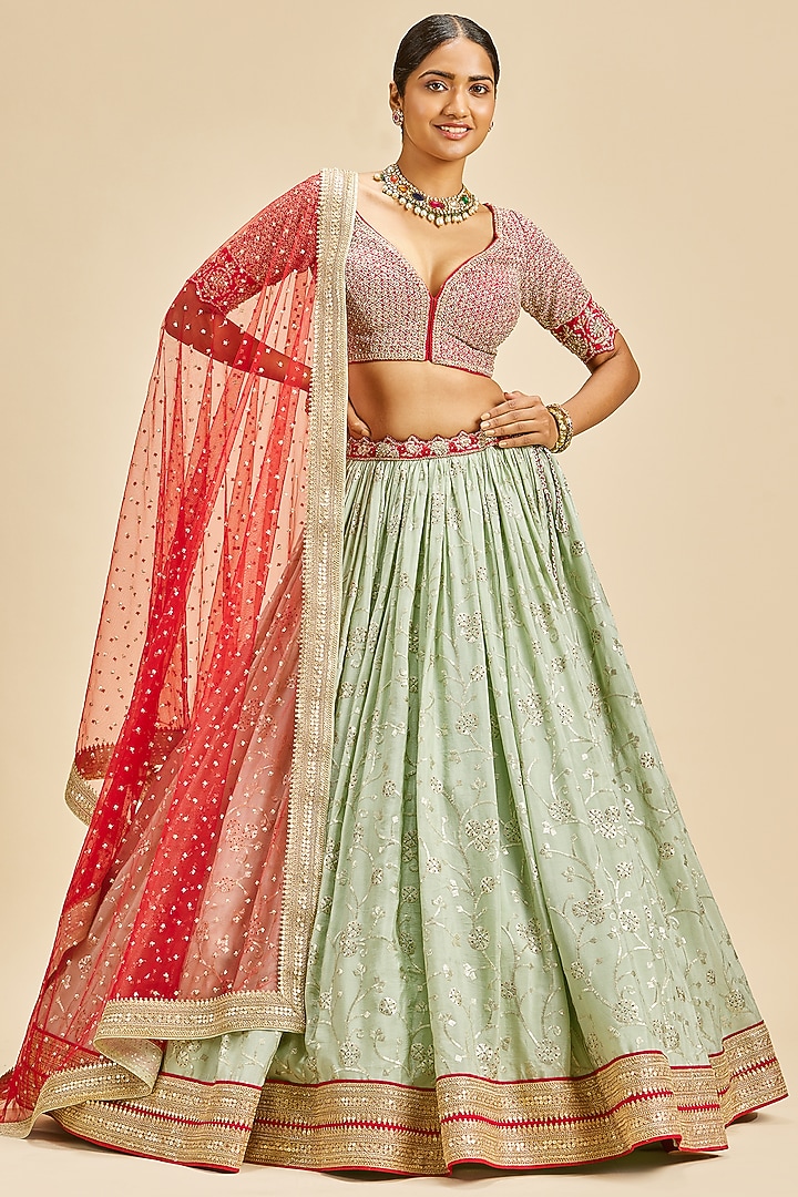 Pista Green Chinon Zari Embroidered Wedding Lehenga Set by NITIKA GUJRAL at Pernia's Pop Up Shop