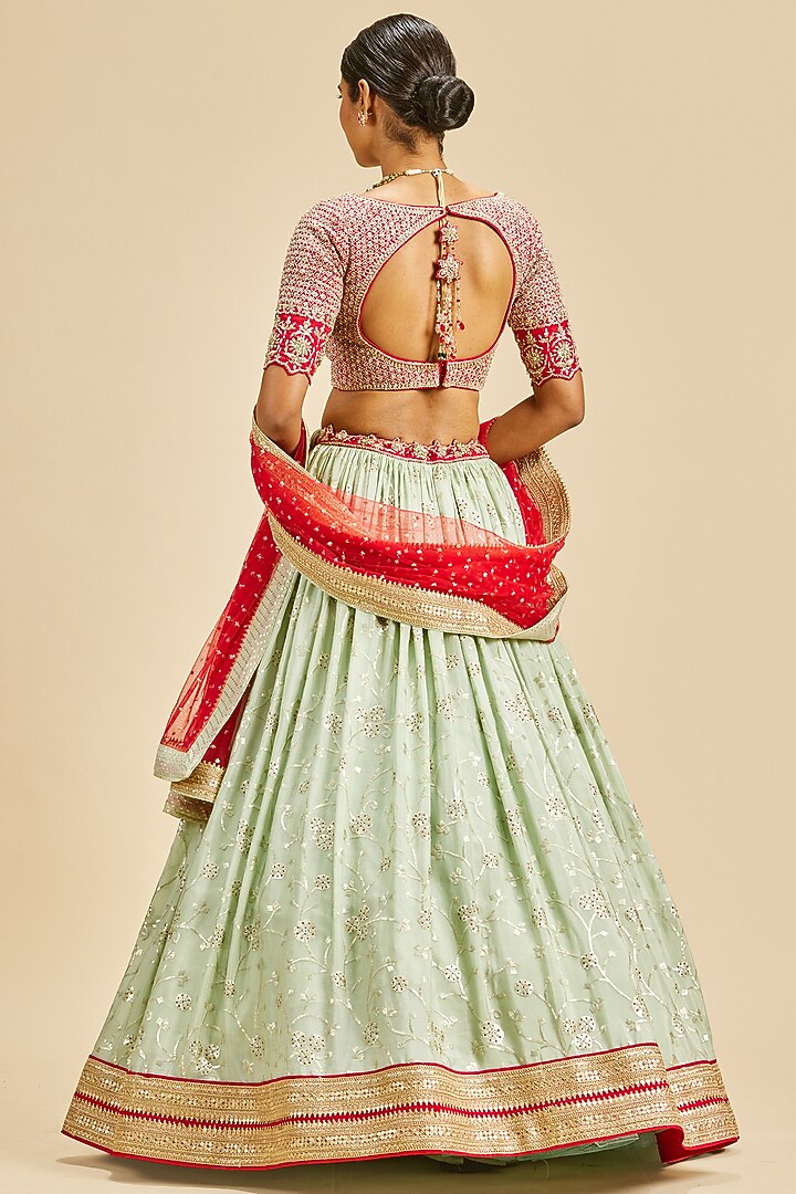Pista Green Chinon Zari Embroidered Wedding Lehenga Set by NITIKA GUJRAL at Pernia's Pop Up Shop