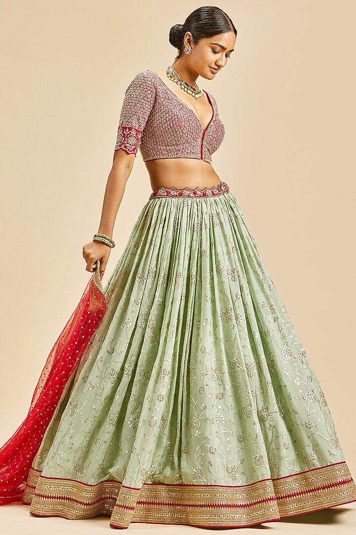 Pista Green Chinon Zari Embroidered Wedding Lehenga Set by NITIKA GUJRAL at Pernia's Pop Up Shop