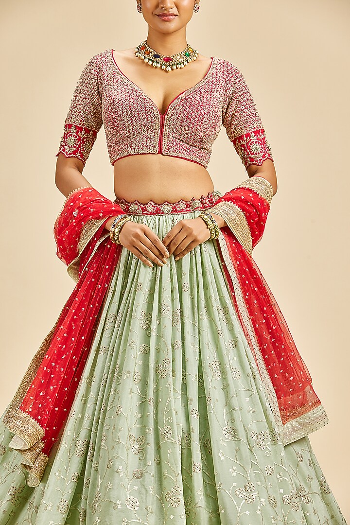 Pista Green Chinon Zari Embroidered Wedding Lehenga Set by NITIKA GUJRAL at Pernia's Pop Up Shop