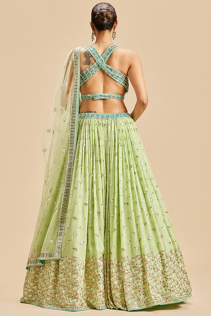 Mint Green Georgette Floral Embroidered Wedding Lehenga Set by NITIKA GUJRAL at Pernia's Pop Up Shop