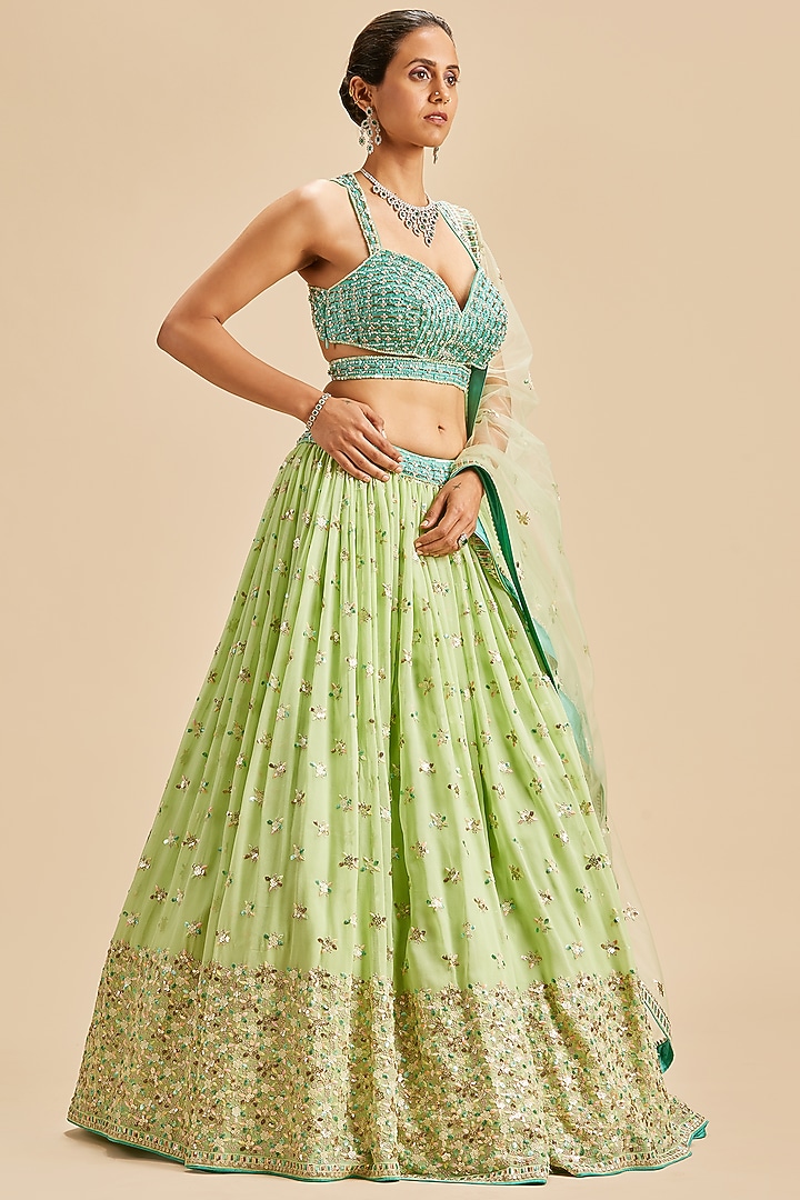 Mint Green Georgette Floral Embroidered Wedding Lehenga Set by NITIKA GUJRAL at Pernia's Pop Up Shop