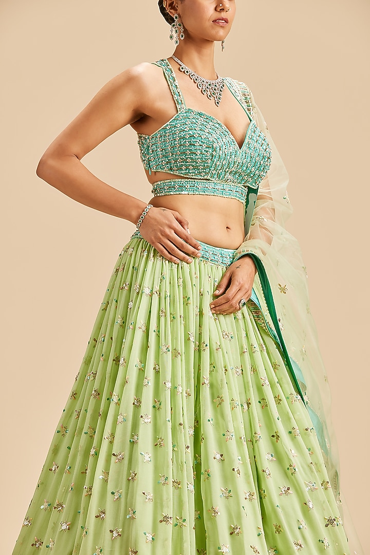 Mint Green Georgette Floral Embroidered Wedding Lehenga Set by NITIKA GUJRAL at Pernia's Pop Up Shop