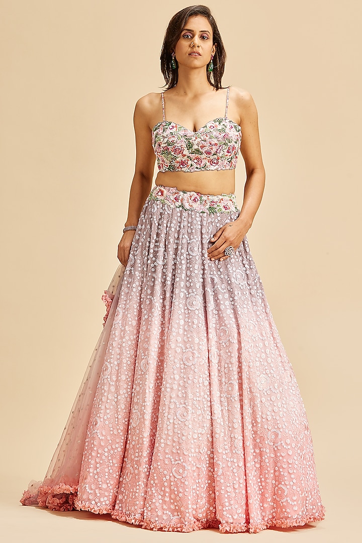 Blush Pink & Lilac Georgette Embroidered Shaded Lehenga Set by NITIKA GUJRAL