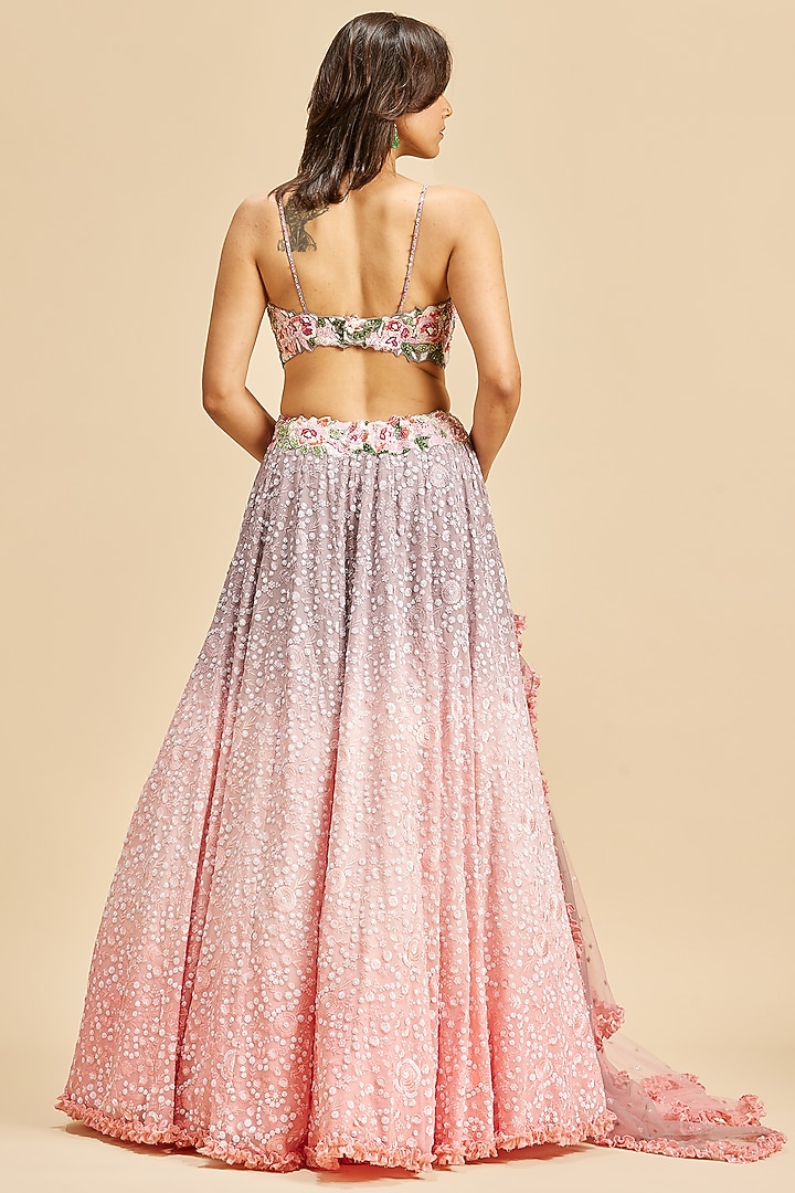 Blush Pink & Lilac Georgette Embroidered Shaded Wedding Lehenga Set by NITIKA GUJRAL at Pernia's Pop Up Shop