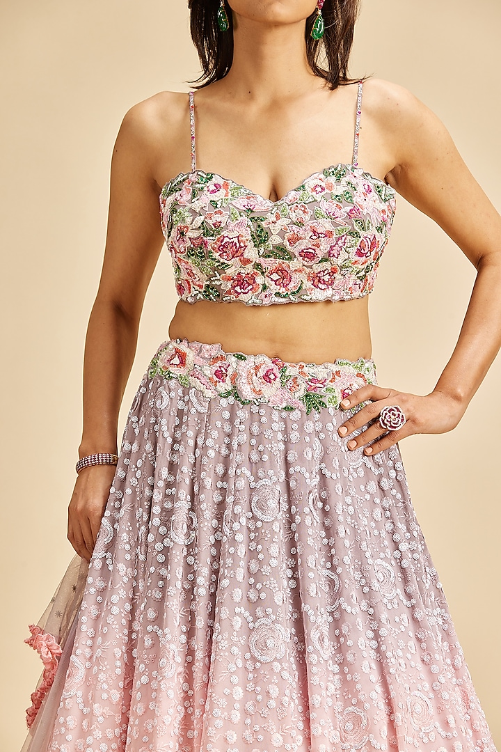 Blush Pink & Lilac Georgette Embroidered Shaded Wedding Lehenga Set by NITIKA GUJRAL at Pernia's Pop Up Shop