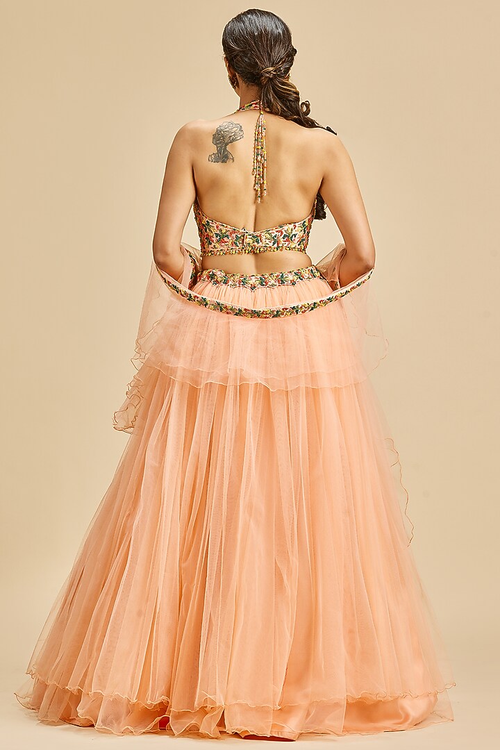 Peach Net Gathered Wedding Lehenga Set by NITIKA GUJRAL at Pernia's Pop Up Shop