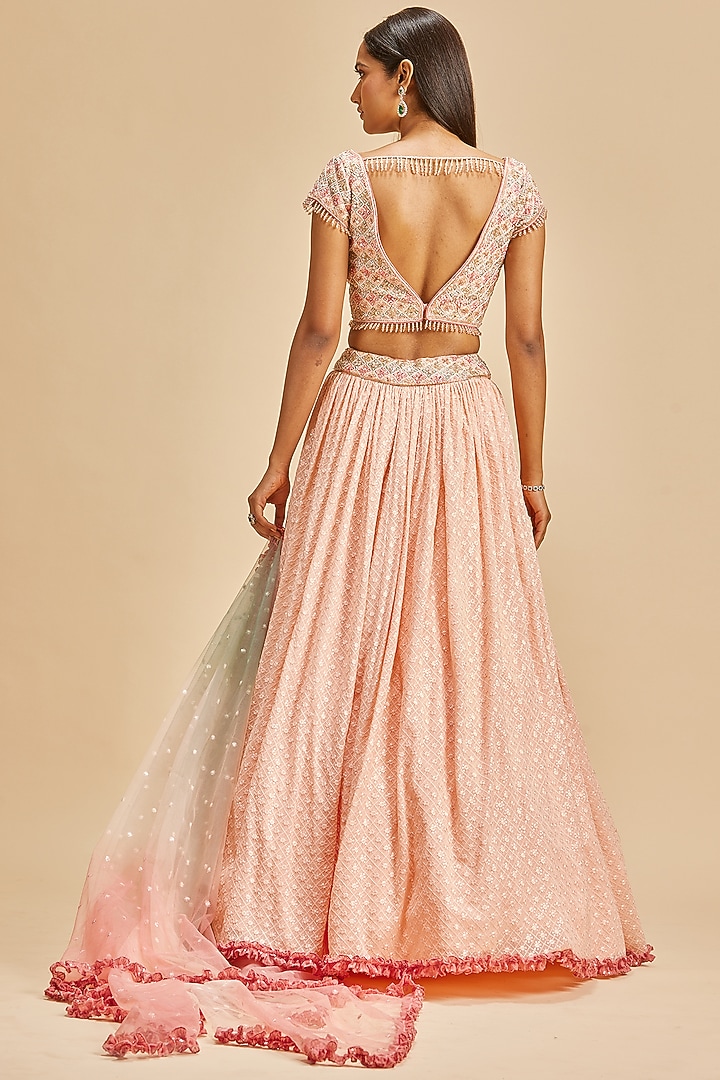 Blush Pink Georgette Gathered Wedding Lehenga Set by NITIKA GUJRAL at Pernia's Pop Up Shop